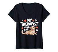Womens My Therapist Has a Tail Cute Golden Retriever Therapy Dog V-Neck T-Shirt