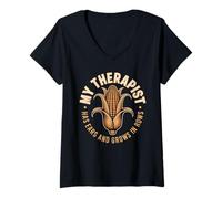 Women's My Therapist Has Ears and Grows in Rows Corn Lover V-Neck T-Shirt