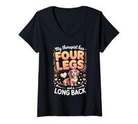 Women's My Therapist Has Four Legs and a Long Back Dachshund V-Neck T-Shirt