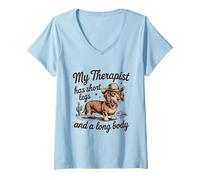 Womens My Therapist Has Short Legs and Long Body Dachshund V-Neck T-Shirt