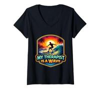 Women's My Therapist is A Wave Surfer Surfing Therapy Surf Board V-Neck T-Shirt