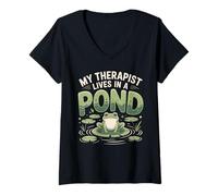 Women's My Therapist Lives in A Pond Frog V-Neck T-Shirt
