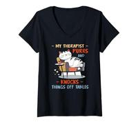 Womens MY THERAPIST PURRS AND KNOCKS THINGS OFF TABLES V-Neck T-Shirt