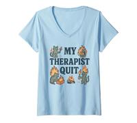 Womens My Therapist Quit Funny Chaos Cat Behavioral Health V-Neck T-Shirt