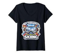 Women's My Therapist Told Me to Go Skiing Funny Skier Ski Lover Joke V-Neck T-Shirt
