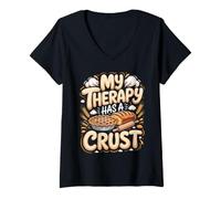 Women's My Therapy Has a Crust Baking Baker Bread Pun V-Neck T-Shirt