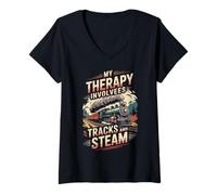 Womens My Therapy Involves Tracks and Steam Retro Train Art V-Neck T-Shirt