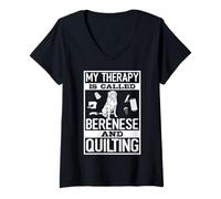 Women's My Therapy is Called Bernese and Quilting Dog Lover Quilting V-Neck T-Shirt