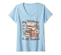 Women's My Weekend is All Booked Cute Cozy Reading Lover Floral V-Neck T-Shirt