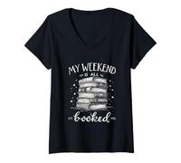 Womens My Weekend is All Booked Literary Pun Funny Bookworm V-Neck T-Shirt