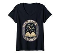 Womens My Weekend is Booked Moon Stars Butterflies Reading Book V-Neck T-Shirt
