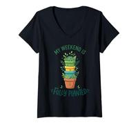 Women's My Weekend is Fully Planted Succulent Humor V-Neck T-Shirt