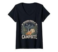 Women's My Weekend Starts at the Campsite - Funny Camping Outdoor V-Neck T-Shirt