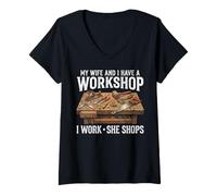 Women's My Wife and I Have a Workshop I Work and She Shops Carpenter V-Neck T-Shirt