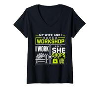 Women's My Wife and I Have a Workshop I Work and She Shops Mechanic V-Neck T-Shirt