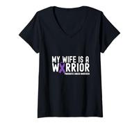 Womens My Wife is a Warrior Pancreatic Cancer Awareness Ribbon V-Neck T-Shirt