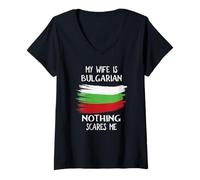 Womens My Wife Is Bulgarian Nothing Scares Me Flag V-Neck T-Shirt