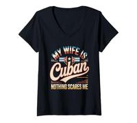 Women's My Wife is Cuban Nothing Scares Me Flag Retro Husband V-Neck T-Shirt