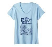 Women's My Wife is My Favorite Problem Funny Dog Cowboy UFO Desert V-Neck T-Shirt