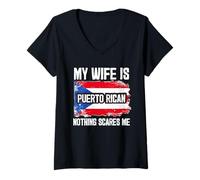 Womens My Wife is Puerto Rican Nothing Scares Me V-Neck T-Shirt