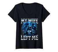 Womens My Wife Left Me Funny Alpha Wolf Meme Dumb Graphic Brain Rot V-Neck T-Shirt