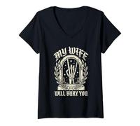 Women's My Wife Will Bury You Funny Skeleton Gothic Heavy Metal V-Neck T-Shirt