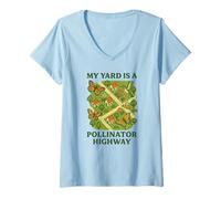 Womens My Yard Is a Pollinator Highway Bee Butterfly Garden V-Neck T-Shirt