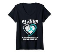 Womens Myasthenia Gravis Awareness Heart Teal Ribbon MG Warrior V-Neck T-Shirt