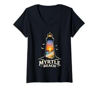 Women's Myrtle Beach Lighthouse Sunset Silhouette Summer V-Neck T-Shirt