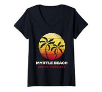 Women's Myrtle Beach South Carolina Retro Sunset Palm Trees V-Neck T-Shirt