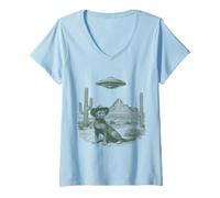 Women's Mysterious Big Cat Hat Unidentified Craft Arid Scene V-Neck T-Shirt