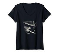 Women's Mysterious Noir Man with Cigarette Smoke V-Neck T-Shirt