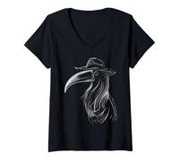 Women's Mysterious Plague Doctor Raven with Hat Design V-Neck T-Shirt