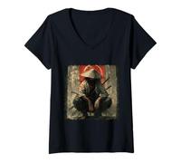 Womens Mysterious Samurai Warrior in Distressed Grunge Art Style V-Neck T-Shirt