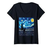 Women's Mystery Charming Black Cat Stone Wall Van Gogh Art Style V-Neck T-Shirt