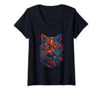 Womens Mystic Feline Cat Vibes, Colorful Tribal Jungle Art V-Neck T-Shirt