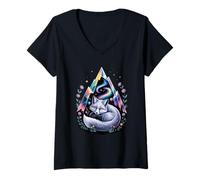 Womens Mystic Fox Galaxy Crystal Mountain Aurora Stars Floral V-Neck T-Shirt