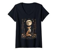 Women's mystic moon and moonphase fox mystical flowers aesthetic V-Neck T-Shirt