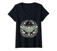 Womens Mystic Moon and Stars with Luna Moth Floral Aura V-Neck T-Shirt