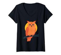 Womens Mystic Owl Artwork Bold Sunset Forest Vibes Nocturnal Animal V-Neck T-Shirt