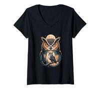 Women's Mystic Owl Moonlit Night Watching V-Neck T-Shirt