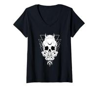 Womens Mystic Skull Moth Occult Geometry Design V-Neck T-Shirt