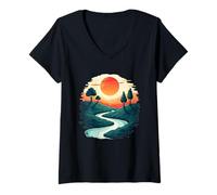 Women's Mystic Sunset River Over Dreamy Hills Sky V-Neck T-Shirt
