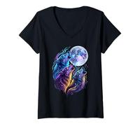 Women's Mystic Three Wolves Howling at Rune Moon V-Neck T-Shirt