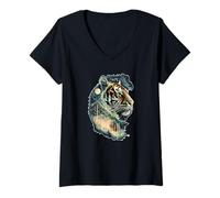 Womens Mystic Tiger Spirit Forest Celestial Jungle Animal Art V-Neck T-Shirt