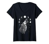 Womens Mystic Wolf with Moon Phases Symbol of Intuition and Power V-Neck T-Shirt