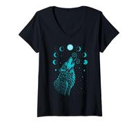 Womens Mystic Wolf with Moon Phases Symbol of Intuition and Power V-Neck T-Shirt