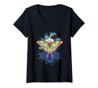 Women's Mystical Aurora Luna Moth Witchy Floral Moon Moth V-Neck T-Shirt