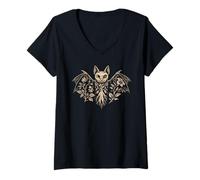 Womens Mystical Bat Mandrake Botanical Pagan Halloween Nature Art V-Neck T-Shirt
