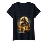 Women's Mystical Bigfoot Samurai Warrior Spirit Howling at The Moon V-Neck T-Shirt